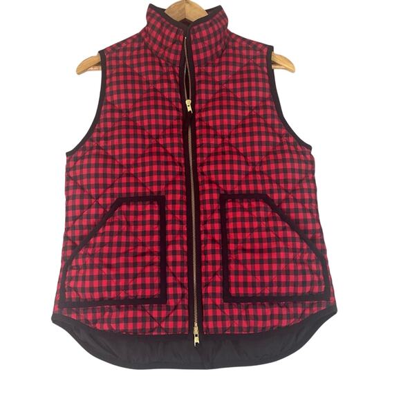 J Crew Buffalo Plaid Down Filled Vest Womens Small Red Black Fall Preppy - Picture 1 of 9